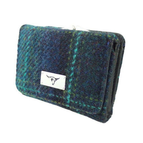 GA-LB2113 Ladies Handwoven Harris Tweed Turquoise Overcheck Small Purse ShamrockGift.com