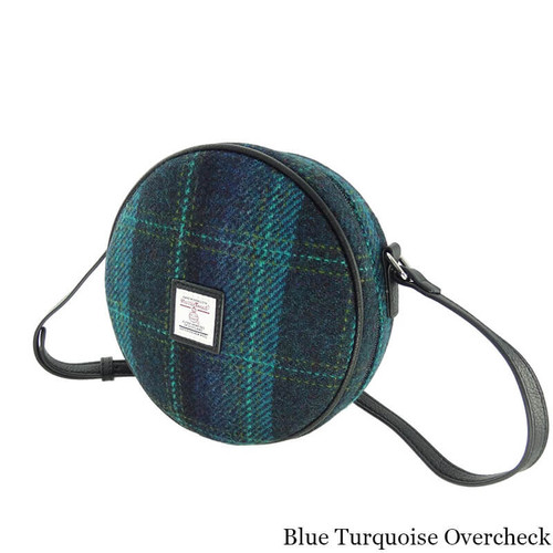 GA-LB1204-COL119-BLUE WITH TURQUOISE OVERCHECK Women's Round Harris Tweed Crossbody Bag ShamrockGift.com