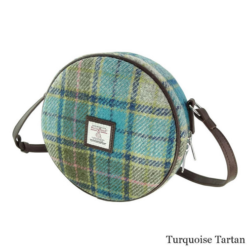 GA-LB1204-COL122-TURQUOISE TARTAN Women's Round Harris Tweed Crossbody Bag ShamrockGift.com