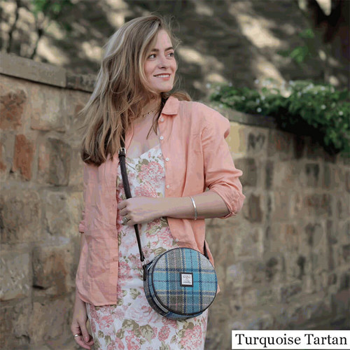 GA-LB1204-COL122-TURQUOISE TARTAN Women's Round Harris Tweed Crossbody Bag Lifestyle ShamrockGift.com
