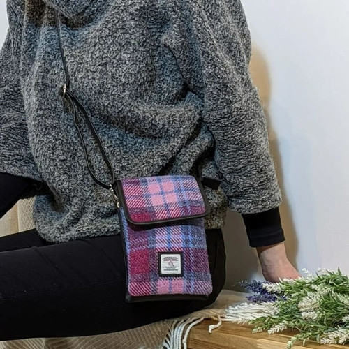 MCS-CB2201-TRT073-PASTEL PINK Colour Handwoven Harris Tweed Mini Crossbody Bag | ShamrockGift.com