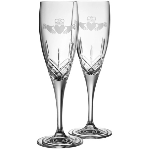 G293252 Embossed Crystal Claddagh Champagne Flutes Set ShamrockGift.com