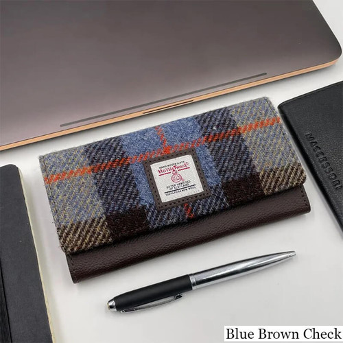 MCS CB3055 TRT021 BLUE BROWN CHECK Ladies Harris Tweed Long Envelope Purse Lifestyle ShamrockGift.com