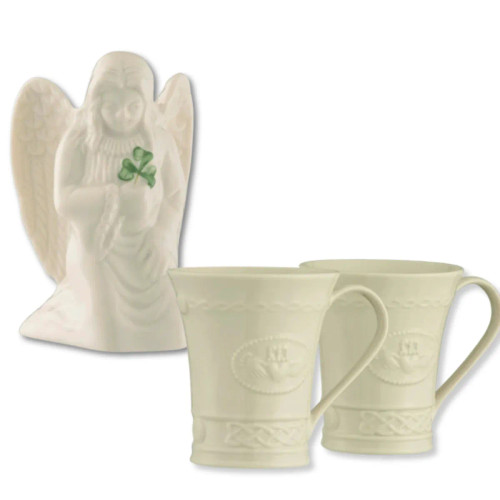 HI-Set-405 Belleek Claddagh Ring Mugs & Angel of Protection Figurine Set ShamrockGift.com