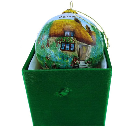 JCW-44202 Hand-Painted Glass Ireland Scenes Bauble Thatched Cottage Hand ShamrockGift.com