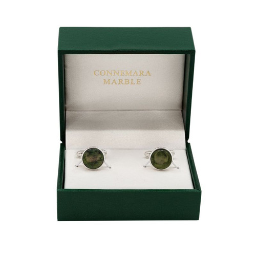 JCW-10082 Silver-Plated Connemara Marble Round Cufflinks ShamrockGift.com