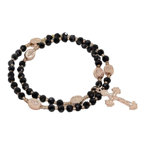 JCW-19106 Stretch Wrist Rosary with Silver-Tone Charm Black studio ShamrockGift.com