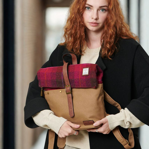ISL-8500FUSTTL00 Authentic Harris Tweed & Canvas Islander Backpack Fuchsia Tartan Lifestyle  ShamrockGift.com