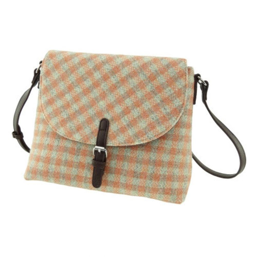 GA-LB1212-COL105 Harris Tweed & Vegan Leather Torridon Shoulder Bag Coral Gingham ShamrockGift.com
