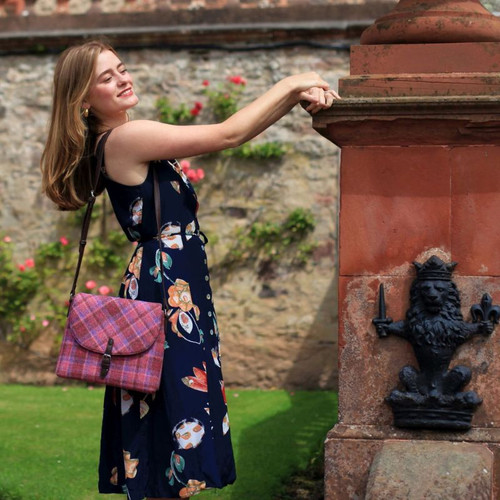 GA-LB1212-COL105 Harris Tweed & Vegan Leather Torridon Shoulder Bag Pink Lifestyle ShamrockGift.com