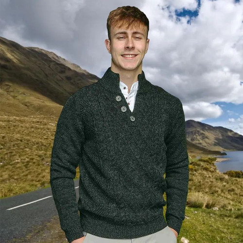 AI-BUR3-AUTM-Traditional Irish Fisherman Sweater with Button Mock Neck Atlantic Marl  ShamrockGift.com.
