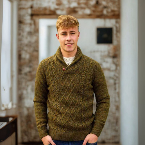 AI-KIL-Men's Shawl Neck Aran Killarney Sweater Autumn Leaf Marl ShamrockGift.com