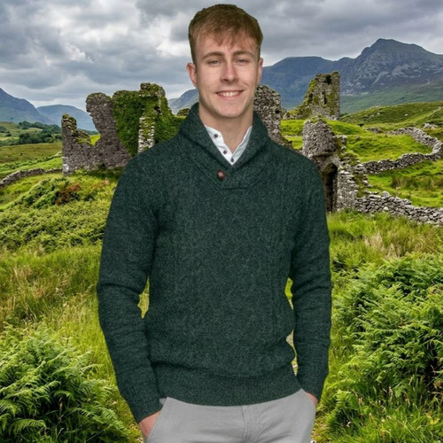 AI-KIL-Men's Shawl Neck Aran Killarney Sweater Atlantic Marl ShamrockGift.com