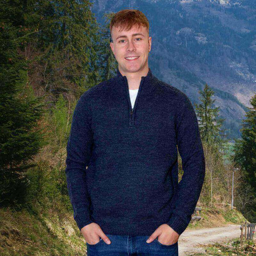 AI-CLFD- Men's Wool Irish Quarter Zip Sweater Dark Blue ShamrockGift.com