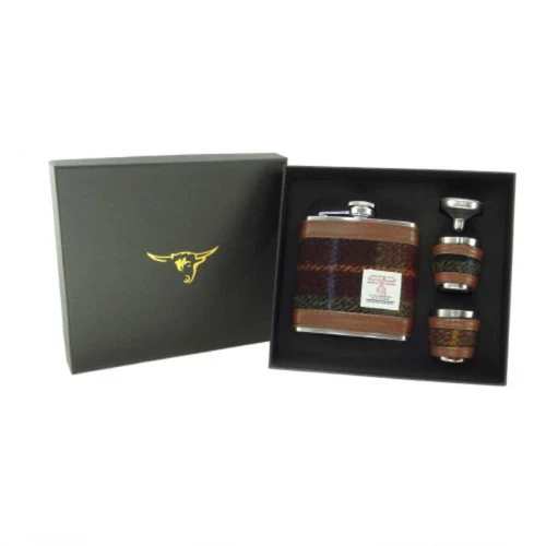 GA-HF2150-COL059 Gents Glen Appin Harris Tweed Hip Flask Gift Set  Rust Check ShamrockGift.com