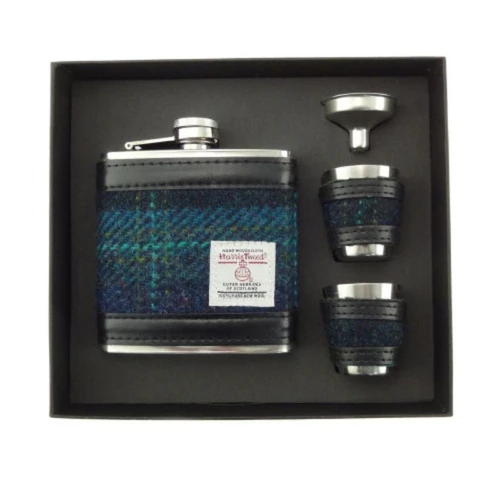 GA-HF2150-COL119 Gents Glen Appin Harris Tweed Hip Flask Gift Set Blue with Turquoise Overcheck ShamrockGift.com