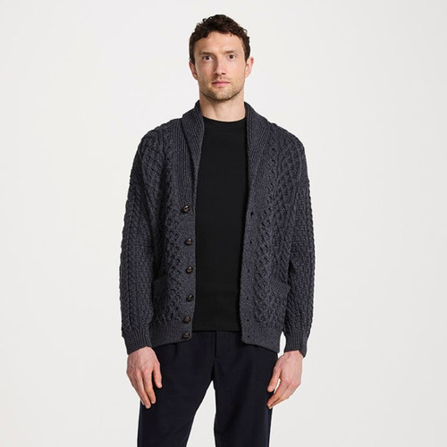 B132070- Men's Traditional Aran Cardigan with Shawl Collar Grey ShamrockGift.com