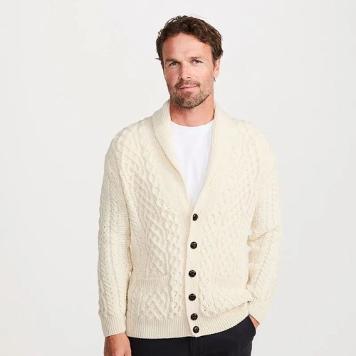 B132070- Men's Traditional Aran Cardigan with Shawl Collar White Front View ShamrockGift.com