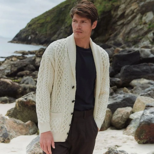 B132162- Men's Traditional Aran Cardigan with Shawl Collar Lifestyle Front View ShamrockGift.com