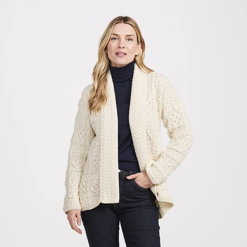 B136162-Merino Wool Irish Cardigan with Shawl Collar Cream Studio ShamrockGift.com