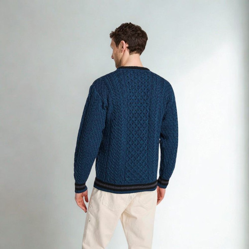 B137 Merino Wool Irish Sweater with Honeycomb Stitch Blue  Back View  ShamrockGift.com