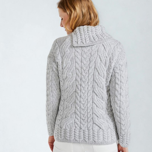 B170790- Women's Wool Aran Sweater with Buttons Grey Back View ShamrockGift.com