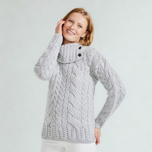 B170790- Women's Wool Aran Sweater with Buttons Grey Studio ShamrockGift.com