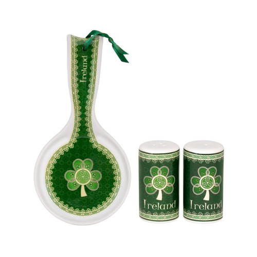 HI-Set-433  Set of Shamrock Spoon Rest & Shamrock Spiral Salt & Pepper Set Shamrockgift . com