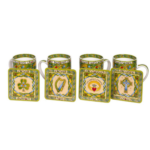 HI-Set-500 Set of 4 Irish Desgined Mugs & Coasters Ceao Mile Falite  ShamrockGift.com
