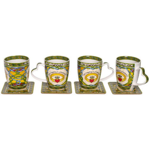 HI-Set-502 Set of 4 Irish Desgined Mugs & Coasters Claddagh  ShamrockGift.com