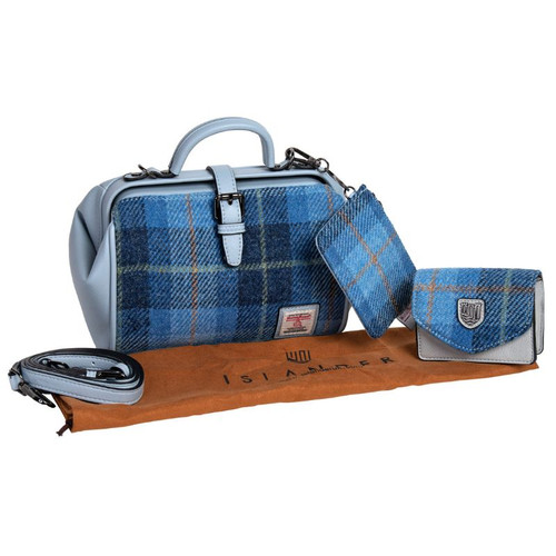 HI-Set-647 Ladies Harris Tweed Medium Doctor Bag  Blue Plaid Set of 3 ShamrockGift.com
