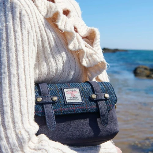 ISL-8377NAVOCL00-Navy Harris Tweed & Genuine Leather Mini Satchel ShamrockGift.com