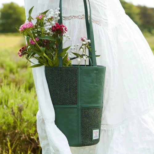 ISL-8588DRKGRNHBL00-Dark Green Color Harris Tweed Genuine Leather Tote Pouch Lifestyle ShamrockGift.com