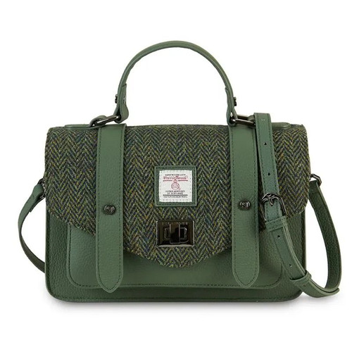 ISL-8711DRKGRNHBL00-Dark Green Harris Tweed Genuine Leather Mini Satchel ShamrockGift.com