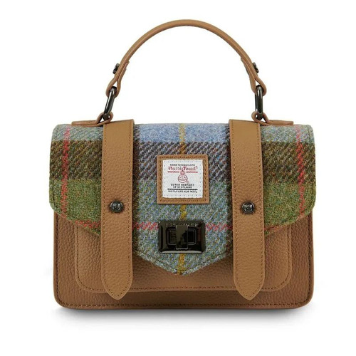 ISL-8711CBLTTL00  Chesnut Blue Tartan Harris Tweed Genuine Leather Mini Satchel ShamrockGift.com