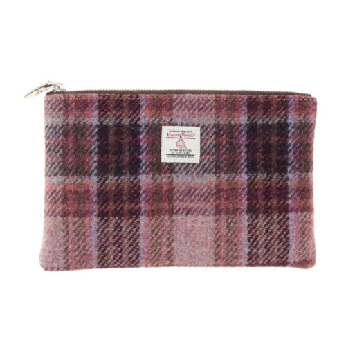 GA-LB2047-COL154-Pink Burgundy Tartan Design Harris Tweed Medium Zip PouchShamrockGift.com