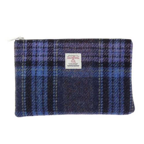 GA-LB2047-COL143-Blue Purple Tartan Design Harris Tweed Medium Zip PouchShamrockGift.com