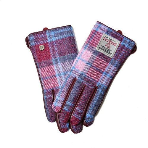 ISL-9001-PINK BLUE TARTAN Ladies Harris Tweed & Genuine Leather Gloves ShamrockGift.com