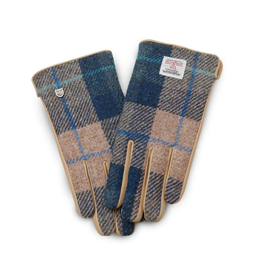 ISL-9001-NAVY BEIGE TARTAN Ladies Harris Tweed & Genuine Leather Gloves ShamrockGift.com
