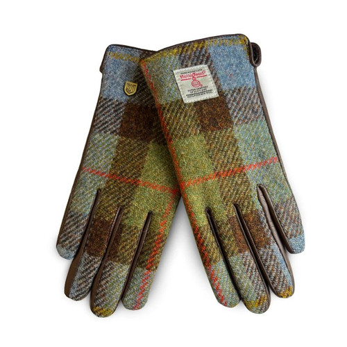 ISL-9001-CHESNUT BLUE TARTAN Ladies Harris Tweed & Genuine Leather Gloves ShamrockGift.com