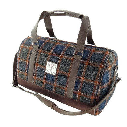 GA-LB1026-COL127-Grey with Rust Overcheck Handcrafted Harris Tweed Weekend Bag ShamrockGift.com