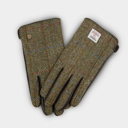 ISL-9002CHEHBM0-Chesnut Herringbone Mens Harris Tweed & Genuine Leather Gloves studio ShamrockGift.com