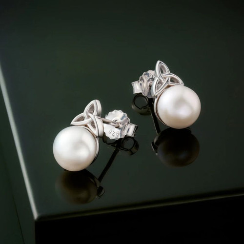 Solvar Pearl Silver Trinity Knot Stud Earrings S33774 Shamrockgift.com