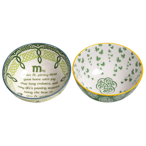 HI-Set-828 Irish Themed Ceramic Bowl Set of 2 Trellis Shamrock Bowl ShamrockGift.com