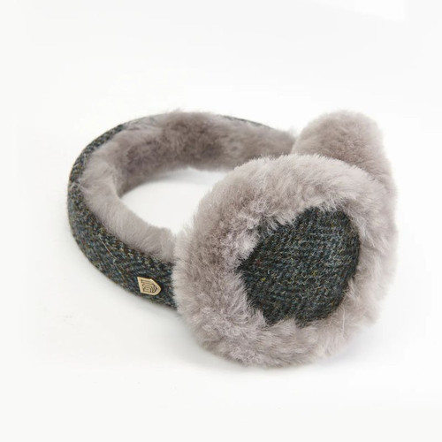 ISL-EARMUFFBLGHB Black Grey Ladies Harris Tweed Fluffy Earmuffs studio ShamrockGift.com