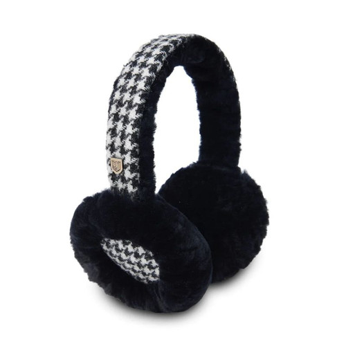 ISL-EARMUFFBLWDT Black and White Dogtooth Ladies Harris Tweed Fluffy Earmuffs ShamrockGift.com