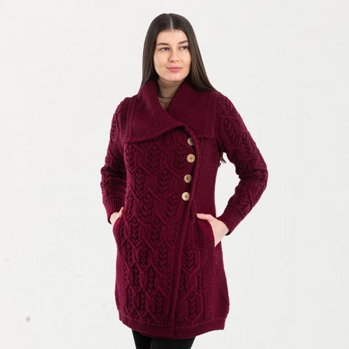 ML186 Merino Wool Aran Cardigan with Buttons Wine ShamrockGift.com