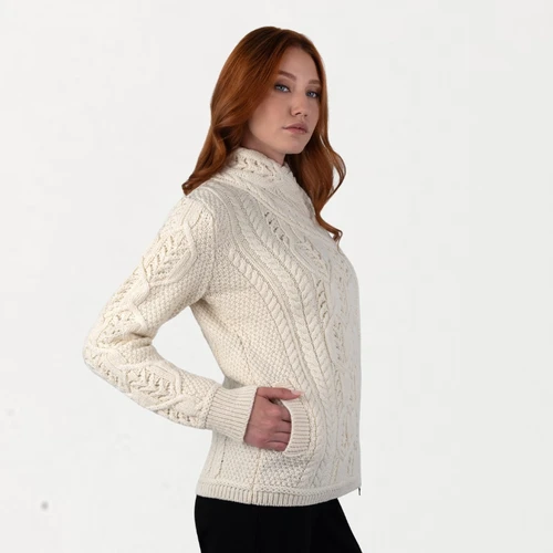 Merino Wool Aran Knit Coatigan with Celtic Knot Side Zip White side view ShamrockGift.com