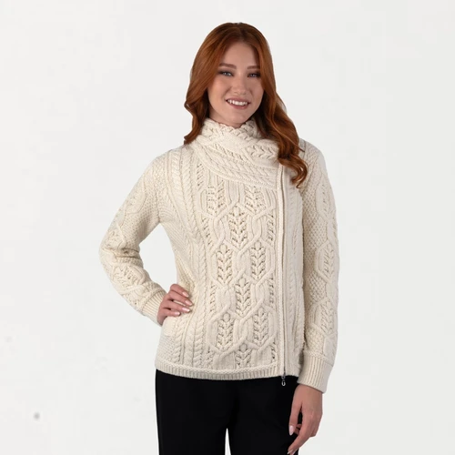Merino Wool Aran Knit Coatigan with Celtic Knot Side Zip White ShamrockGift.com