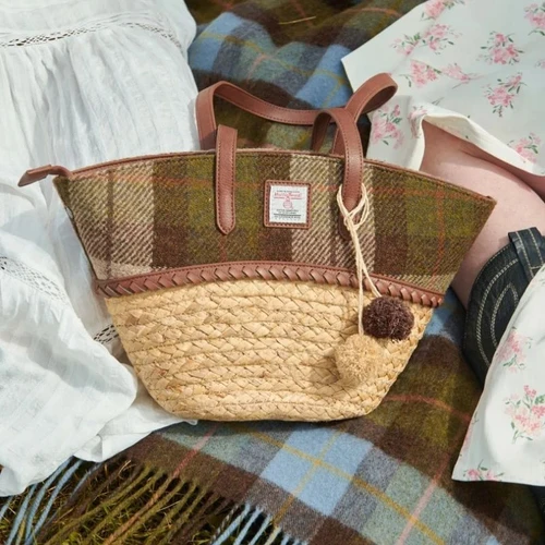 Handcrafted Islander Harris Tweed & Straw Bag Chesnut Blue  ShamrockGift.com